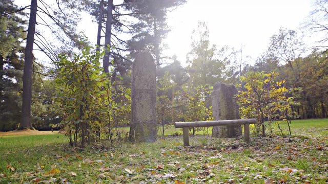 Old graveyard tombstone in middle of green park slide 4K