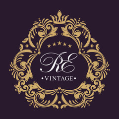 Gold graceful frame. Decorative floral border. Heraldic symbols. Monogram initials and exclusive calligraphic design elements. Vector business sign, identity for hotel, restaurant, jewelry, fashion.