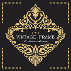 Gold graceful frame. Decorative floral border. Heraldic symbols. Monogram initials and exclusive calligraphic design elements. Vector business sign, identity for hotel, restaurant, jewelry, fashion.