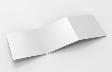 Blank white empty open square tri fold catalogs brochure flyer, with clipping path, changeable background for mock up and template design. 3d render illustration.