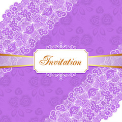 Elegant vintage wedding or birthday invitation template with lace corners. Vector Illustration