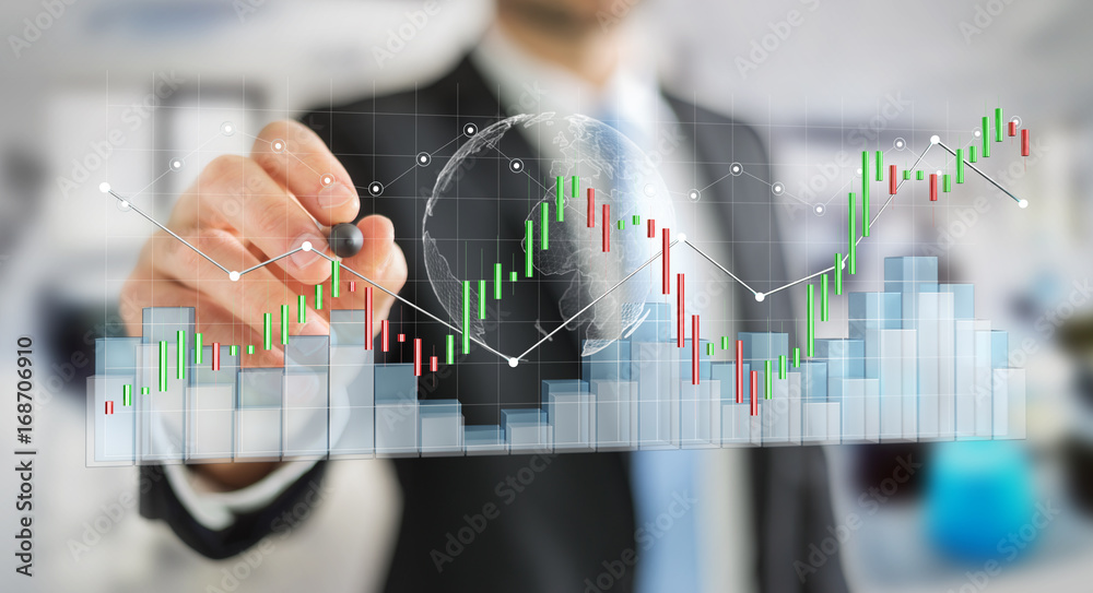 Poster businessman using digital 3d rendered stock exchange stats and charts