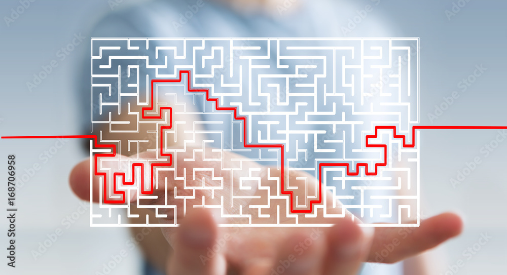 Poster businessman searching solution of a complicated maze