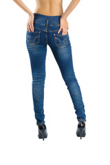 Woman blue jeans back view isolated section below on white background with clipping path.