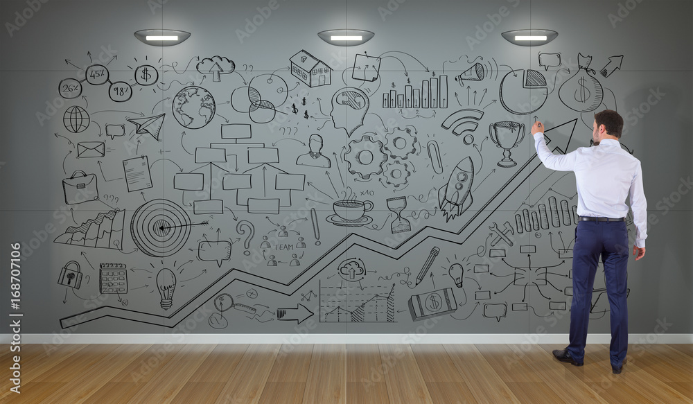 Poster businessman drawing a project sketch on a wall 3d rendering
