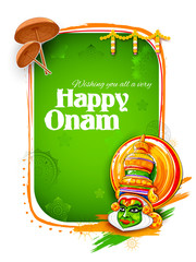 Naklejka premium Kathakali dancer on background for Happy Onam festival of South India Kerala