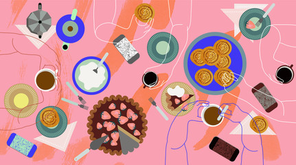 People around table on a coffee break with strawberry pie, cinnamon rolls and smartphones
