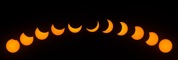 Naklejka premium Stages of Partial Solar Eclipse, with a peak magnitude of 80 percent. Observed in Dallas, Texas on August 21, 2017.