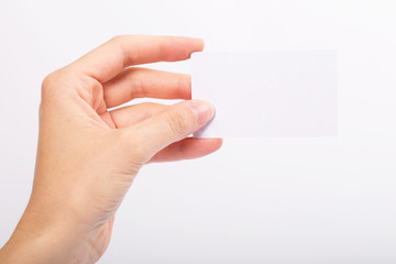 Female hand holding blank card isolated