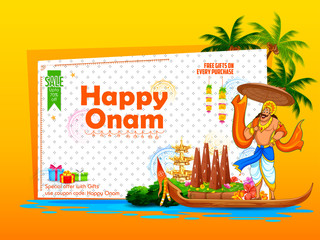 King Mahabali on advertisement and promotion background for Happy Onam festival of South India Kerala