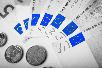 Closeup of banknotes and coins