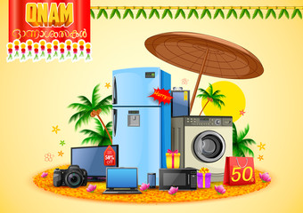 Fototapeta premium Electronics sale for advertisement and promotion background for Happy Onam festival of South India Kerala