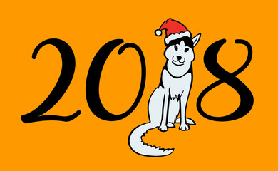 Happy small Dog in Santa Claus hat sitting and smile. Dog is symbol of 2018 year on chinese calendar.