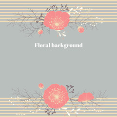 Obraz premium Floral background. Beautiful frame. Border. Vector illustration. Pink flowers. Leaves. Grass. Buds. Card. Bouquet. Strips.