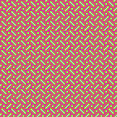 Abstract multicolored illustration. Green strips and dots on a red background. Seamless pattern.