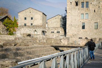 Roman ruins in the city of Aosta, Italy