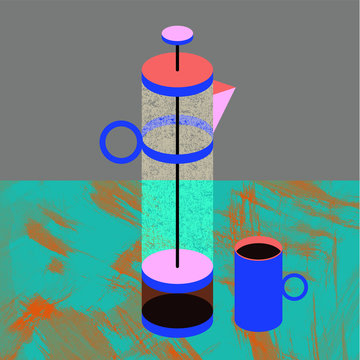 A tall coffee press and a cup of black coffee