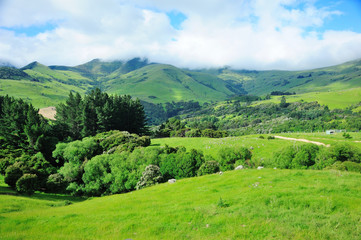 Naklejka na ściany i meble Mountain scenery in summer in Akaroa,New Zealand.