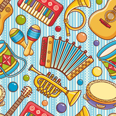 Musical instrument seamless pattern. Cartoon style
