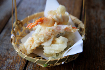 Shrimp tempura on wood background , Japanese food