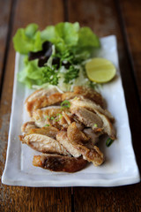 Chicken teriyaki , Chicken grilled with salt on wood background , Japanese food