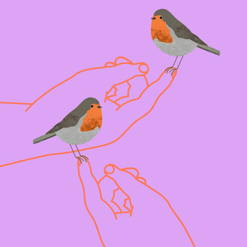 Hands holding red robin birds on their fingertips