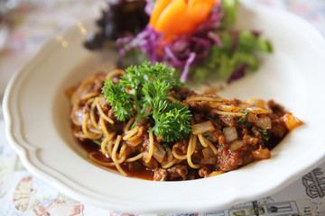 Spaghetti bolognese beef tomato sauce with vegetables italian food