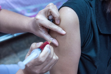 soft focus,nurses are vaccinations to patients using the syringe.Doctor vaccinating women in...