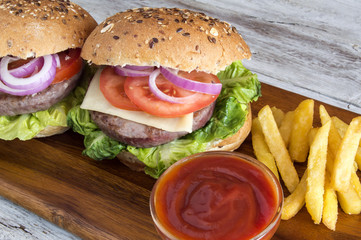 Meat and Vegetable Burger with French Fries.