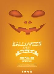 Halloween Party with Scary Pumpkin Face poster. Orange color banner.. Trick or Treat Banner.  Print