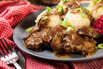 Pork tenderloin in mushroom sauce with boiled potatoes and salad..Pork tenderloin in mushroom sauce with boiled potatoes and salad..Pork tenderloin in mushroom sauce..