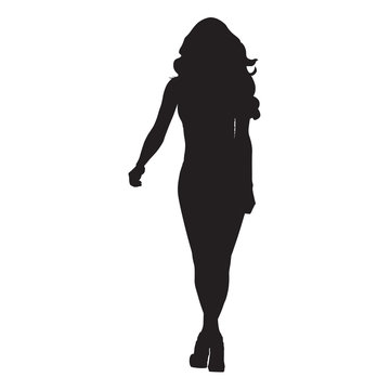 Sexy slim woman with long hair walking forward, vector silhouette