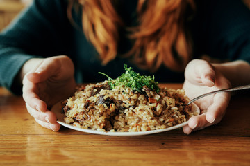 Hands, woman in a cafe, eating, hearty, lunch, dinner