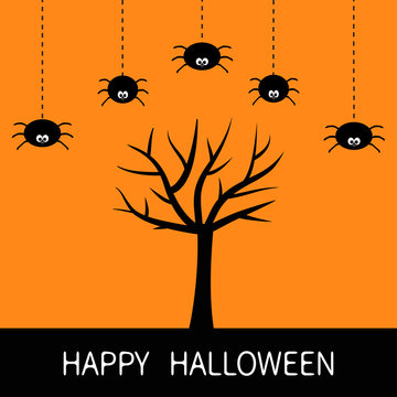 Happy Halloween card. Black tree silhouette. Plant branch. Spider hanging Dash line. Cute cartoon character set. Spooky baby illustration collection. Flat design. Orange background.