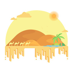 A caravan of camels goes to an oasis among the dunes. Flat design illustration