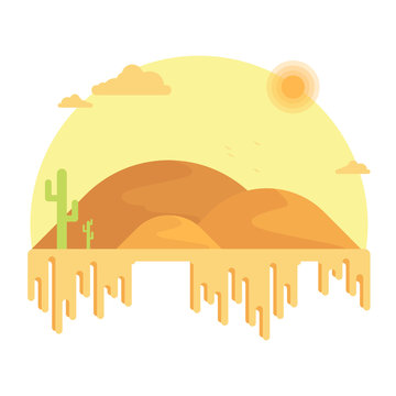 Cacti grow among the dunes. Hot desert under the bright sun. Flat design illustration