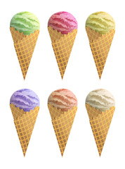 Realistic Ice Cream with Waffle Cone Set. Vector