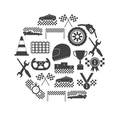 Racing Sport Black Icons Round Design Template Set. Vector