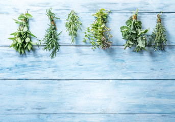 Fresh herbs on the blue wooden background.