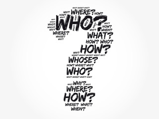 Question mark - Questions whose answers are considered basic in information gathering or problem solving, word cloud background