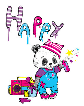 Funny panda in overalls and a hat draws a brush and balonchikom. Vector illustration for a postcard or a poster, print for clothes.