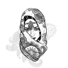 Beautiful oriental girl in a scarf with patterns. Vector illustration for a postcard or a poster.
