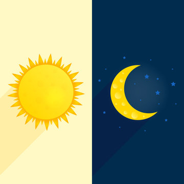 Sun, moon, stars banner. Day and night time concept vector. Sunny flyer illustration. Weather background. Forecast concept Daytime poster