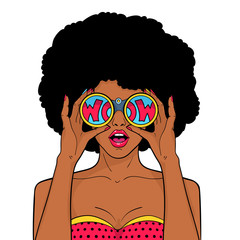 Wow face. Sexy surprised black woman with afro hair and open mouth holds binoculars in her hands with inscription wow in reflection. Vector object in pop art retro style isolated on white background. - 168721723