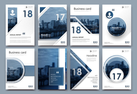 A4 brochure cover design. Graphic mockup for banner, business card, title sheet model set, info flyer, ad text font. Modern vector front page art with urban city river bridge. Round, square frame icon