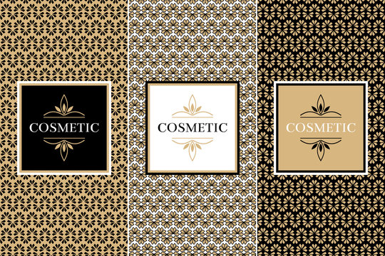 Cosmetic Packaging set design template vector. Collection of seamless patterns for luxury beauty label. Tag for royal spa products, body lotion, soap, shampoo or cream.