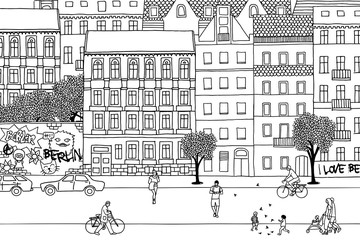 Obraz premium People walking through Berlin- Hand drawn urban black and white scene