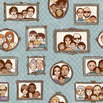 Seamless pattern of cute family pictures hanging on the wall