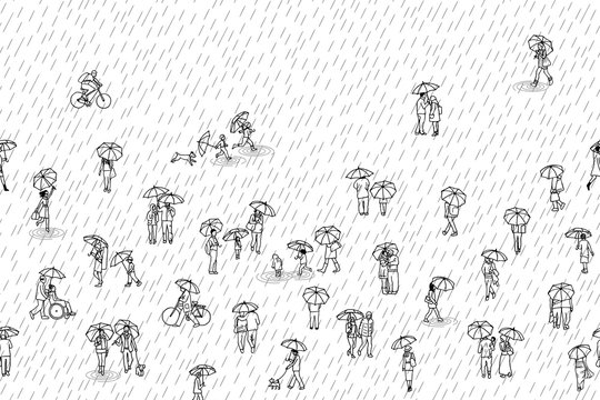 Black and white banner with tiny pedestrians with umbrellas in the rain, can be tiled horizontally