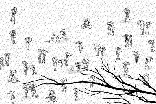 Tiny people with umbrellas and tree branch in the foreground: pedestrians in the street, a diverse collection of small hand drawn men, women and kids walking through the rain